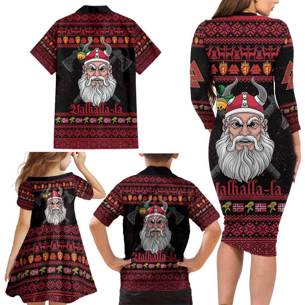 Norway Christmas Family Matching Long Sleeve Bodycon Dress and Hawaiian Shirt Valhalla La La Viking Santa - Wonder Print Shop