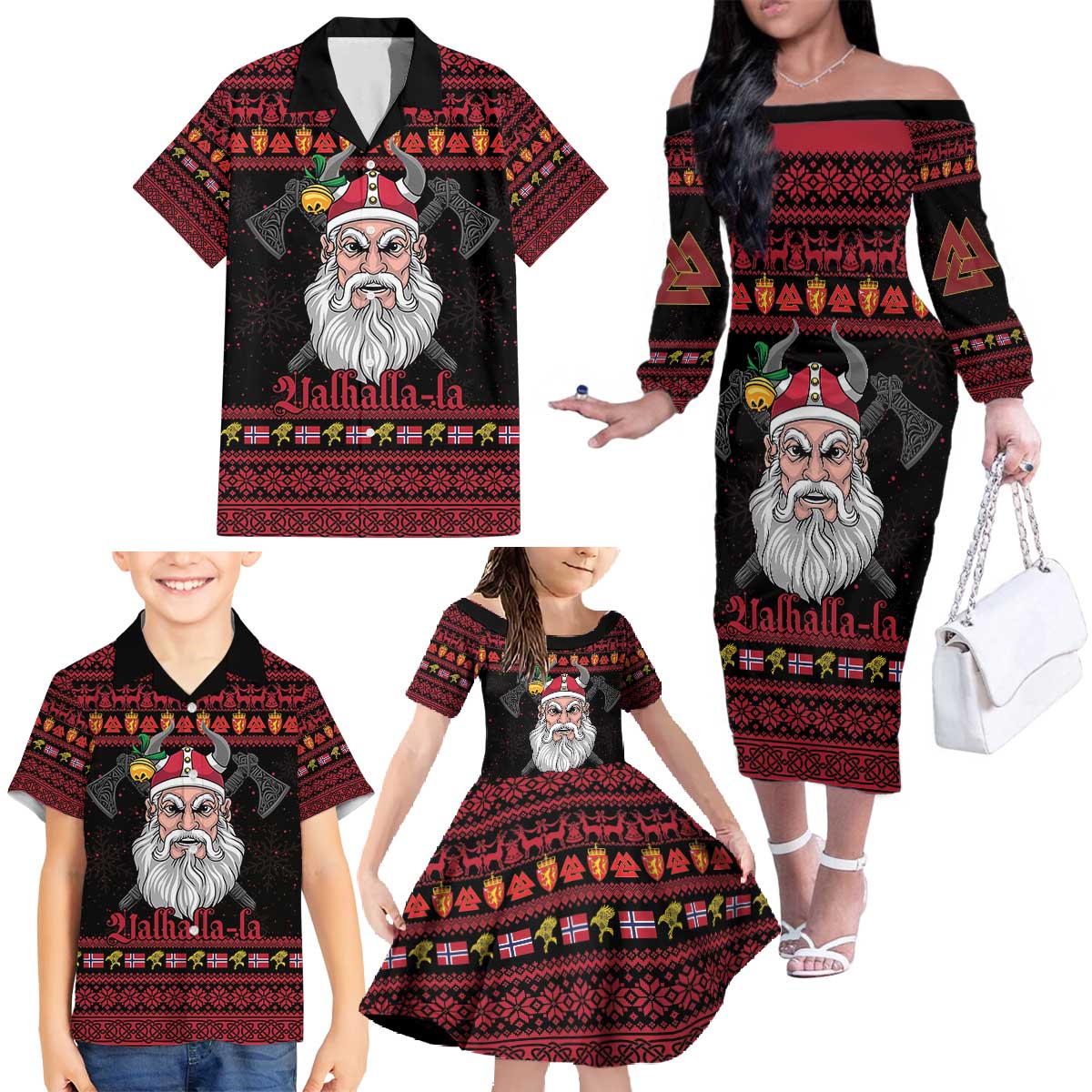Norway Christmas Family Matching Off The Shoulder Long Sleeve Dress and Hawaiian Shirt Valhalla La La Viking Santa - Wonder Print Shop