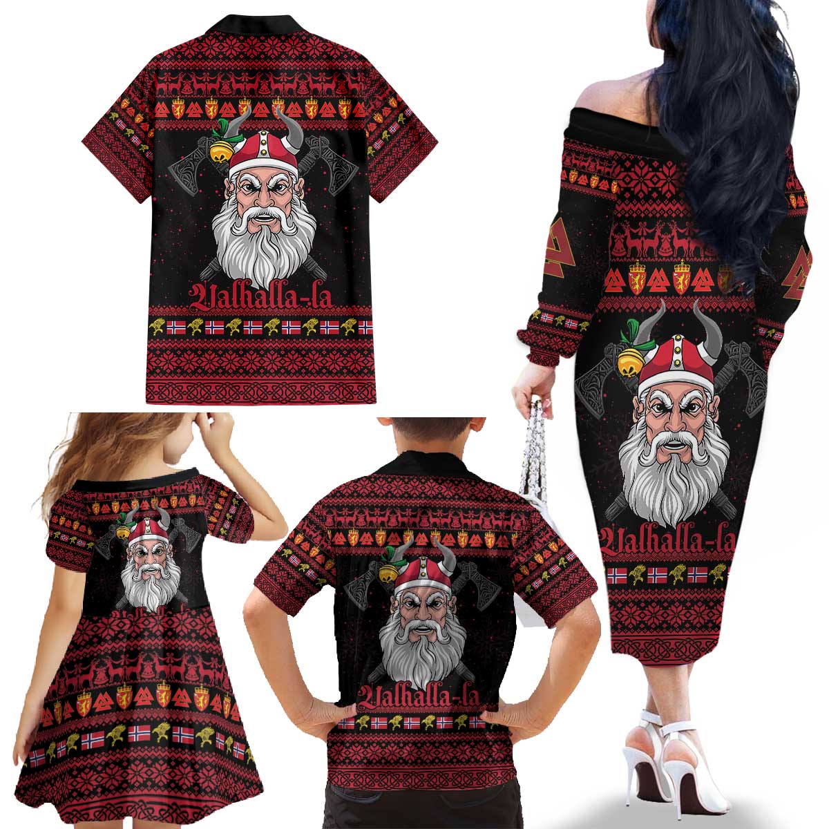 Norway Christmas Family Matching Off The Shoulder Long Sleeve Dress and Hawaiian Shirt Valhalla La La Viking Santa - Wonder Print Shop