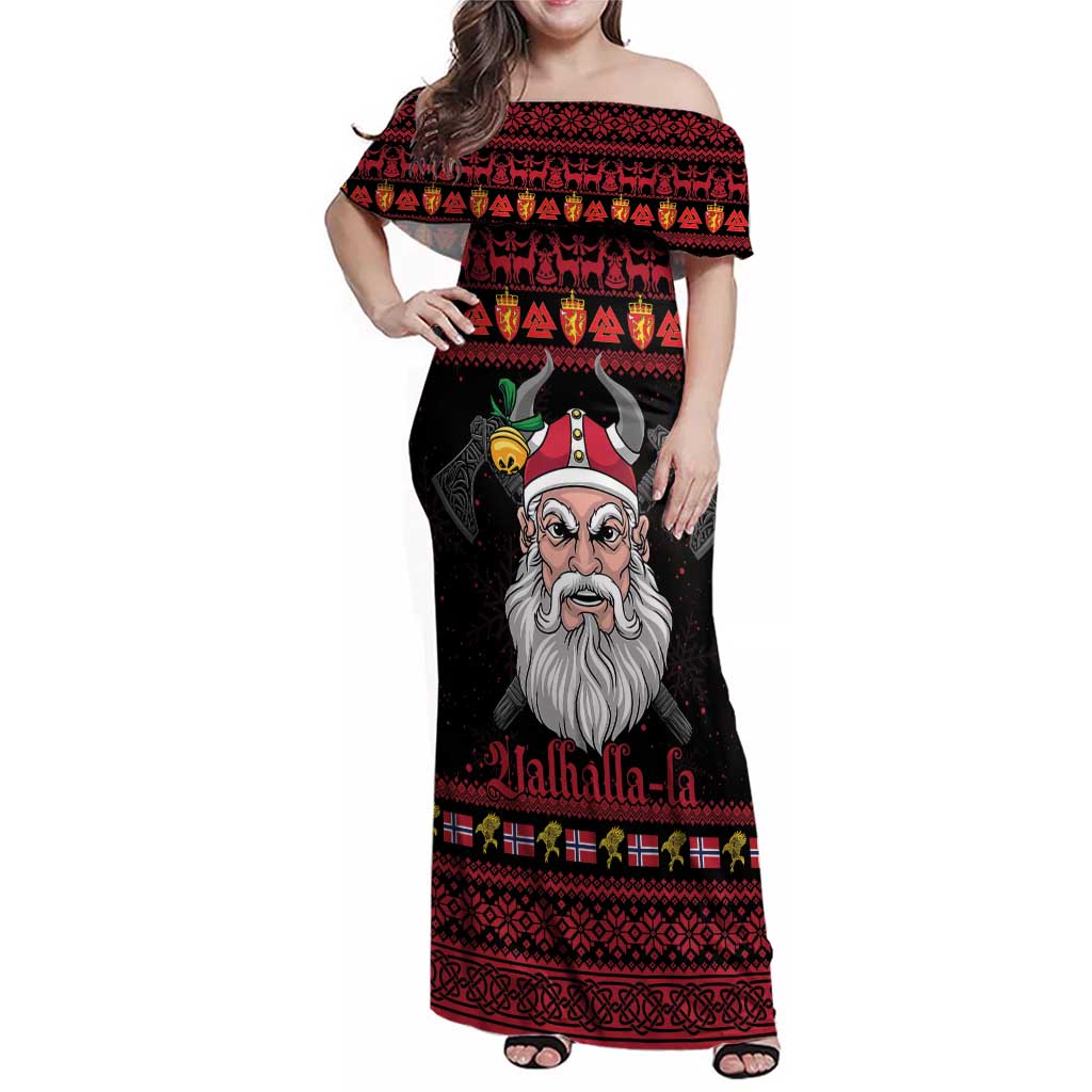 Norway Christmas Family Matching Off Shoulder Maxi Dress and Hawaiian Shirt Valhalla La La Viking Santa - Wonder Print Shop