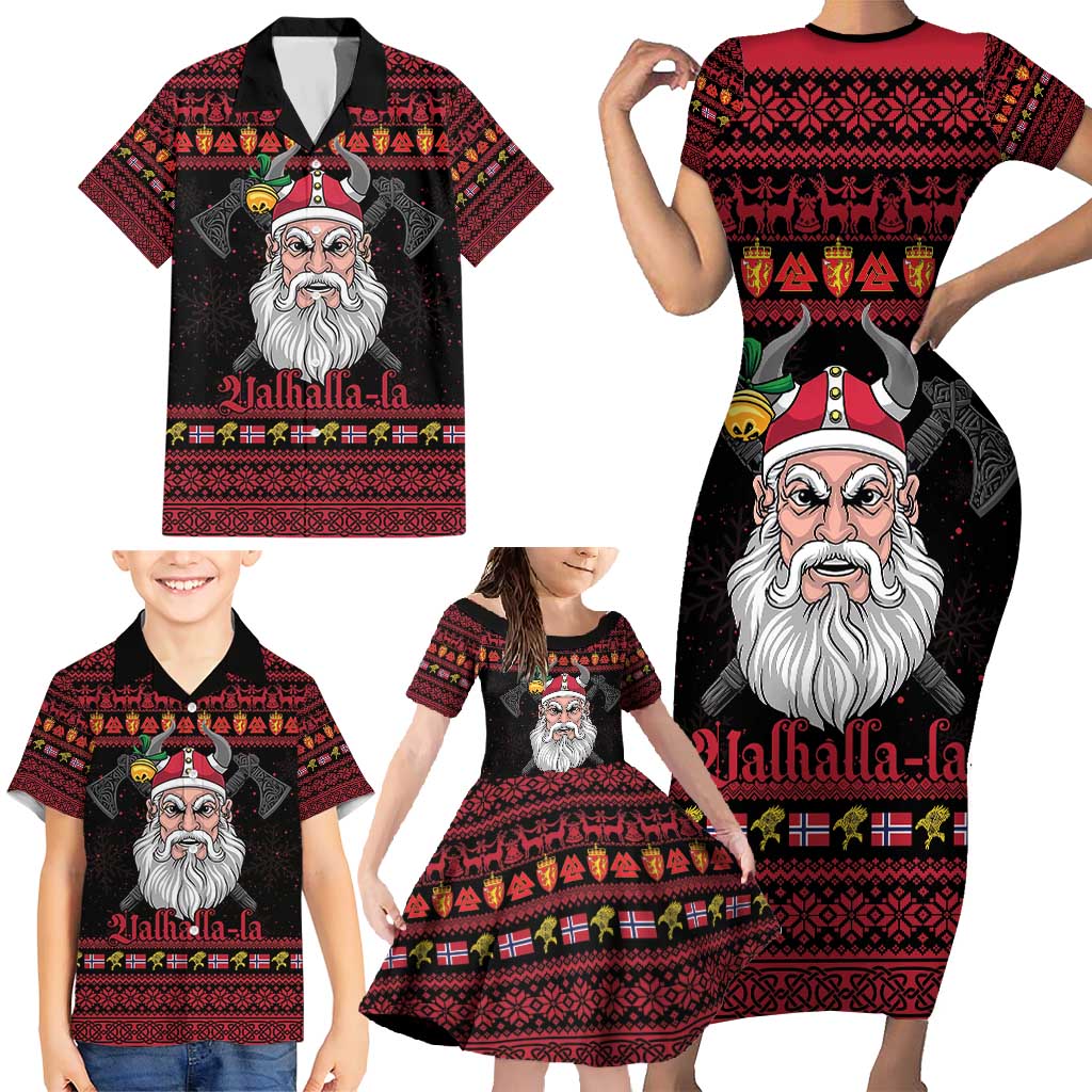 Norway Christmas Family Matching Short Sleeve Bodycon Dress and Hawaiian Shirt Valhalla La La Viking Santa - Wonder Print Shop