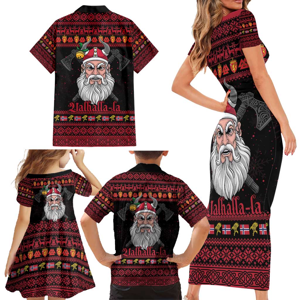 Norway Christmas Family Matching Short Sleeve Bodycon Dress and Hawaiian Shirt Valhalla La La Viking Santa - Wonder Print Shop