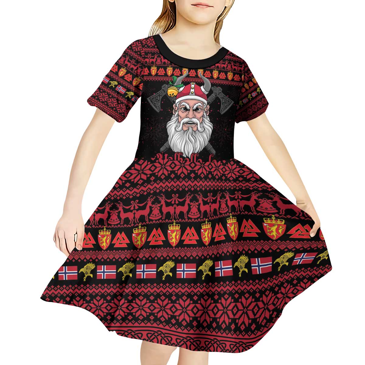 Norway Christmas Kid Short Sleeve Dress Valhalla La La Viking Santa - Wonder Print Shop