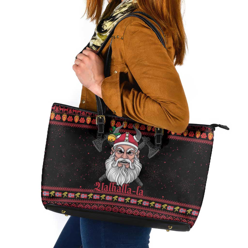 Norway Christmas Leather Tote Bag Valhalla La La Viking Santa - Wonder Print Shop