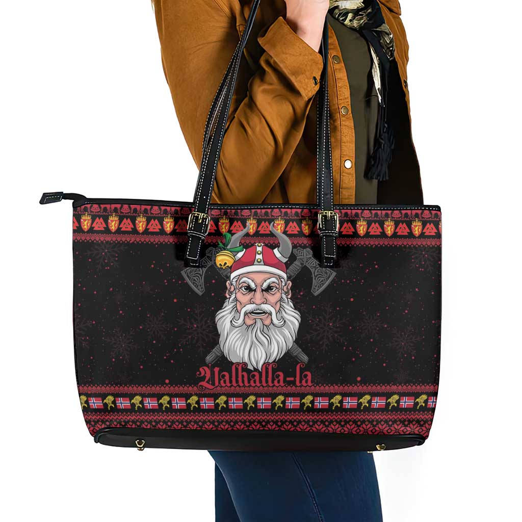 Norway Christmas Leather Tote Bag Valhalla La La Viking Santa - Wonder Print Shop