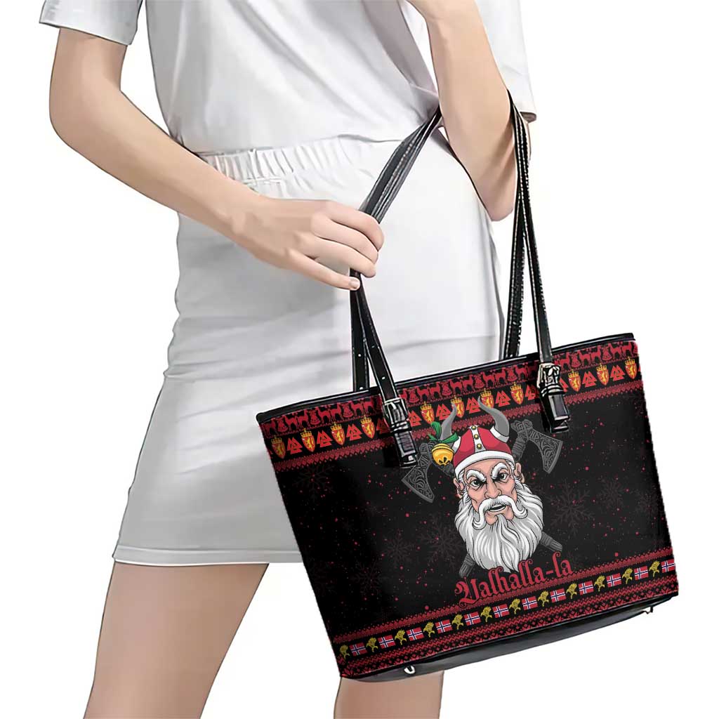 Norway Christmas Leather Tote Bag Valhalla La La Viking Santa - Wonder Print Shop