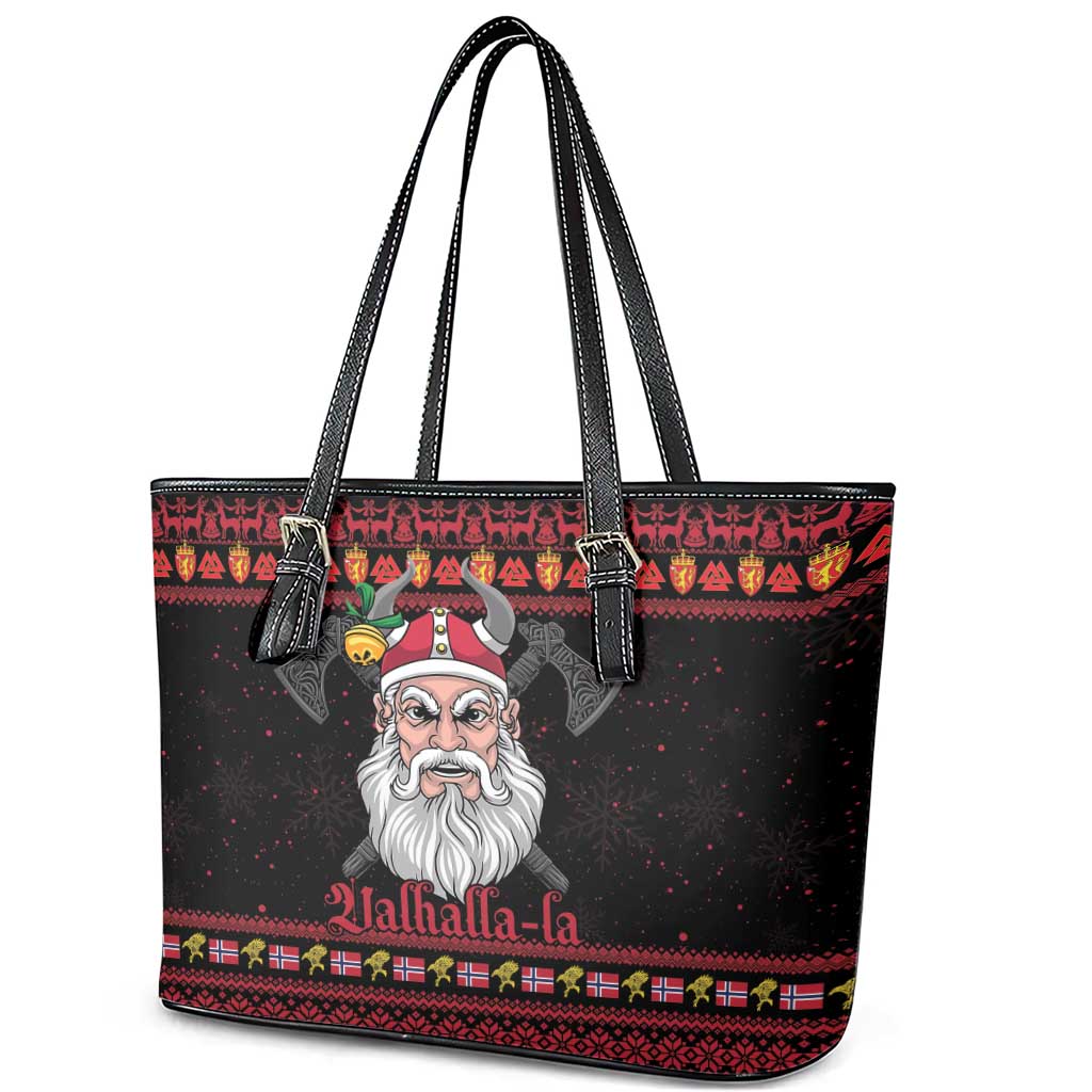 Norway Christmas Leather Tote Bag Valhalla La La Viking Santa - Wonder Print Shop