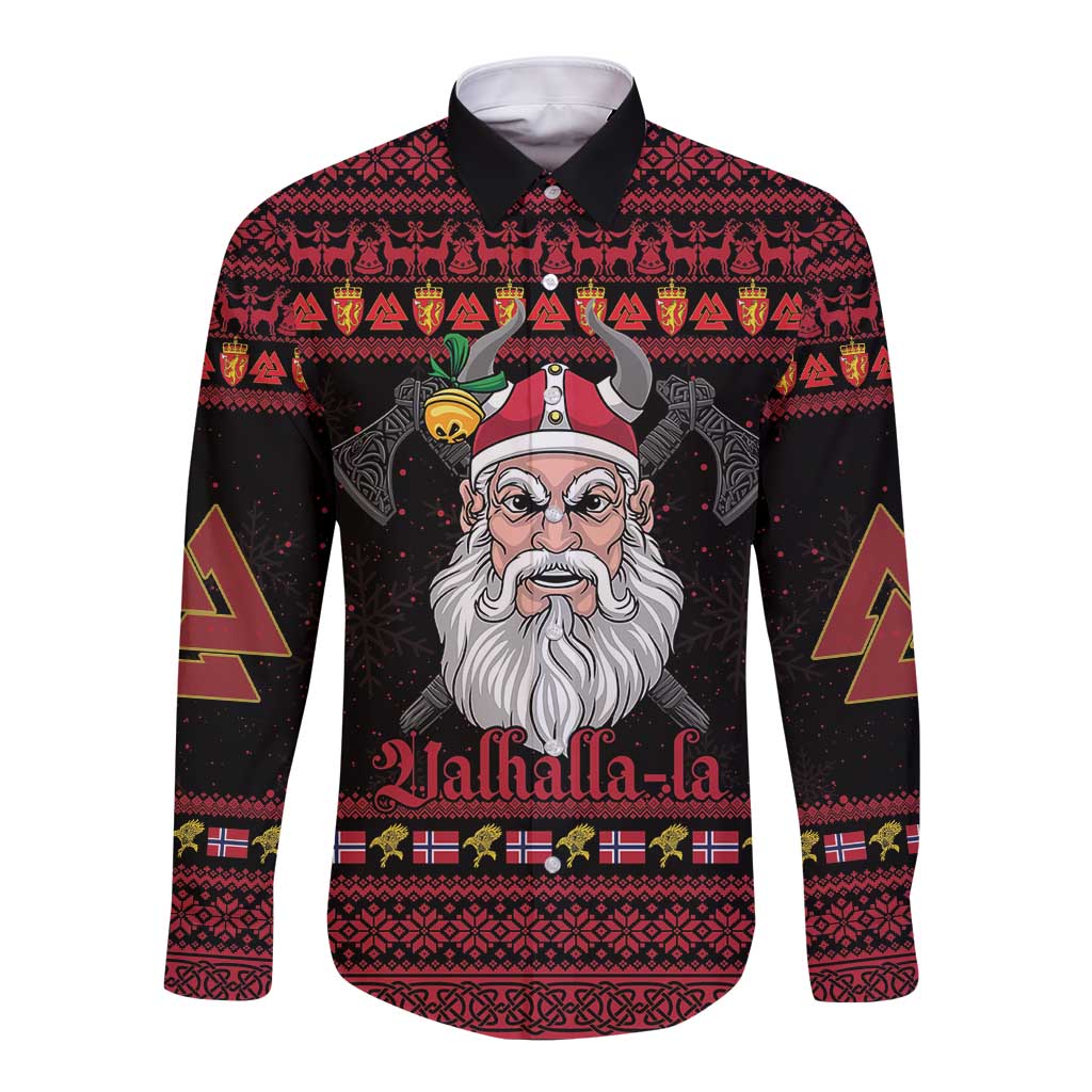 Norway Christmas Long Sleeve Button Shirt Valhalla La La Viking Santa - Wonder Print Shop
