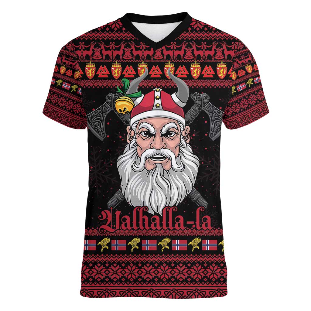 Norway Christmas Women V-Neck T-Shirt Valhalla La La Viking Santa - Wonder Print Shop