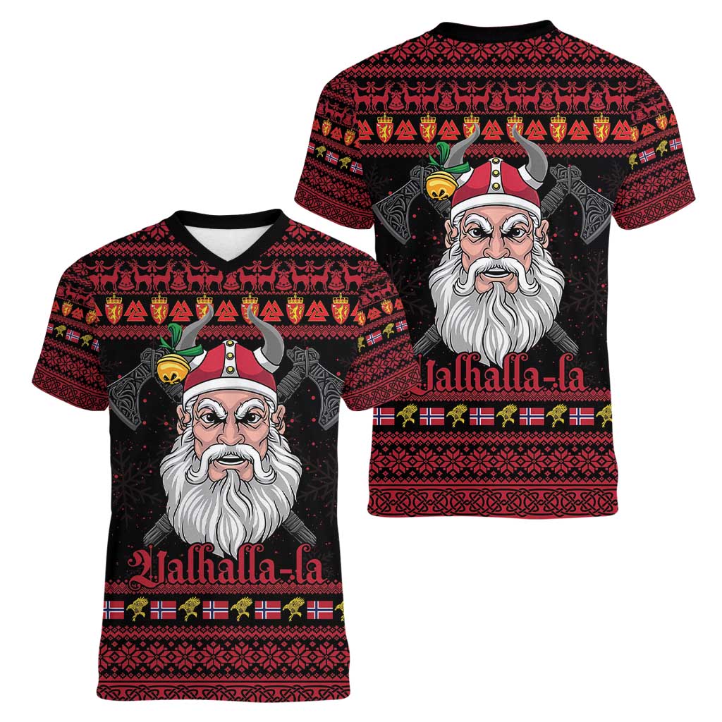 Norway Christmas Women V-Neck T-Shirt Valhalla La La Viking Santa - Wonder Print Shop