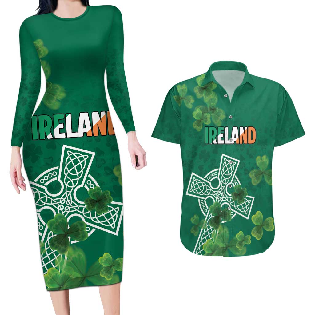 Ireland Cross Celtic Personalized Couples Matching Long Sleeve Bodycon Dress and Hawaiian Shirt Irish Pride Shamrock - Wonder Print Shop