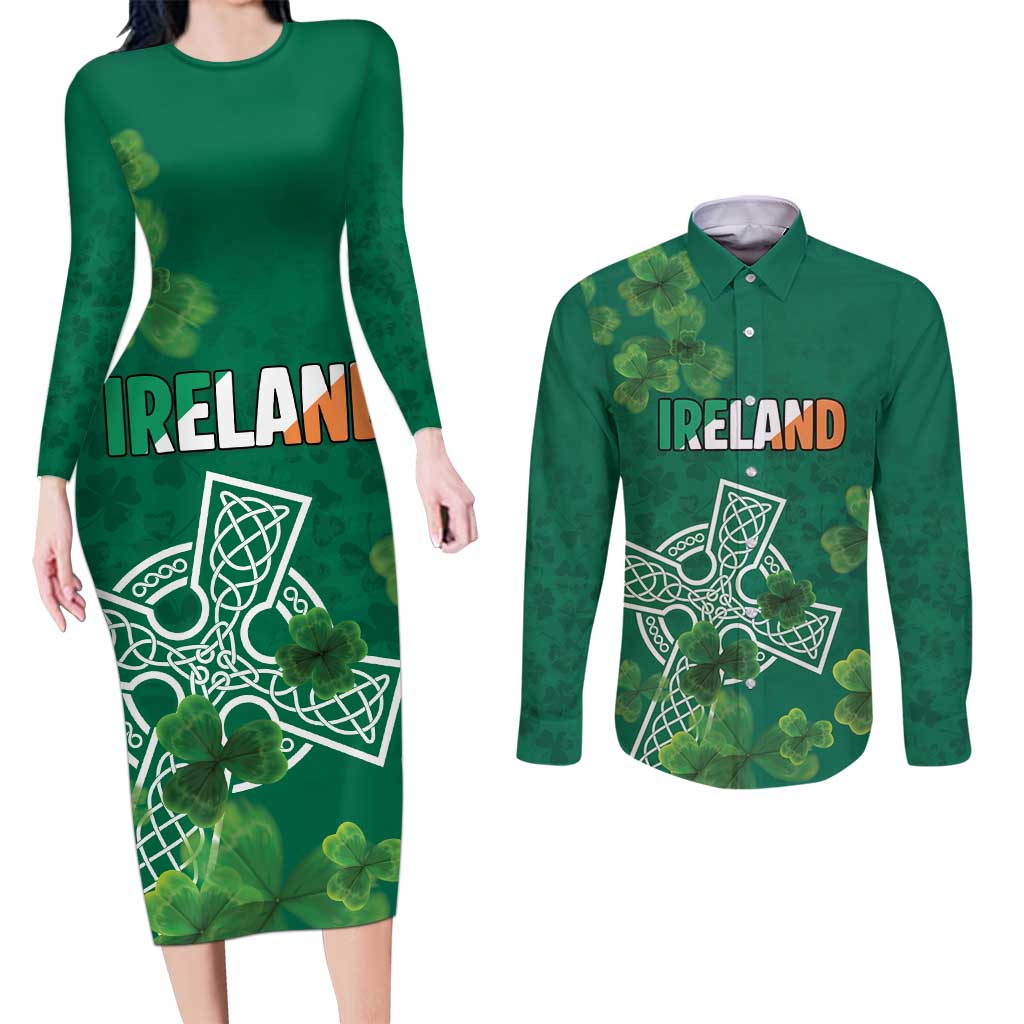 Ireland Cross Celtic Personalized Couples Matching Long Sleeve Bodycon Dress and Long Sleeve Button Shirt Irish Pride Shamrock - Wonder Print Shop