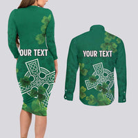 Ireland Cross Celtic Personalized Couples Matching Long Sleeve Bodycon Dress and Long Sleeve Button Shirt Irish Pride Shamrock - Wonder Print Shop