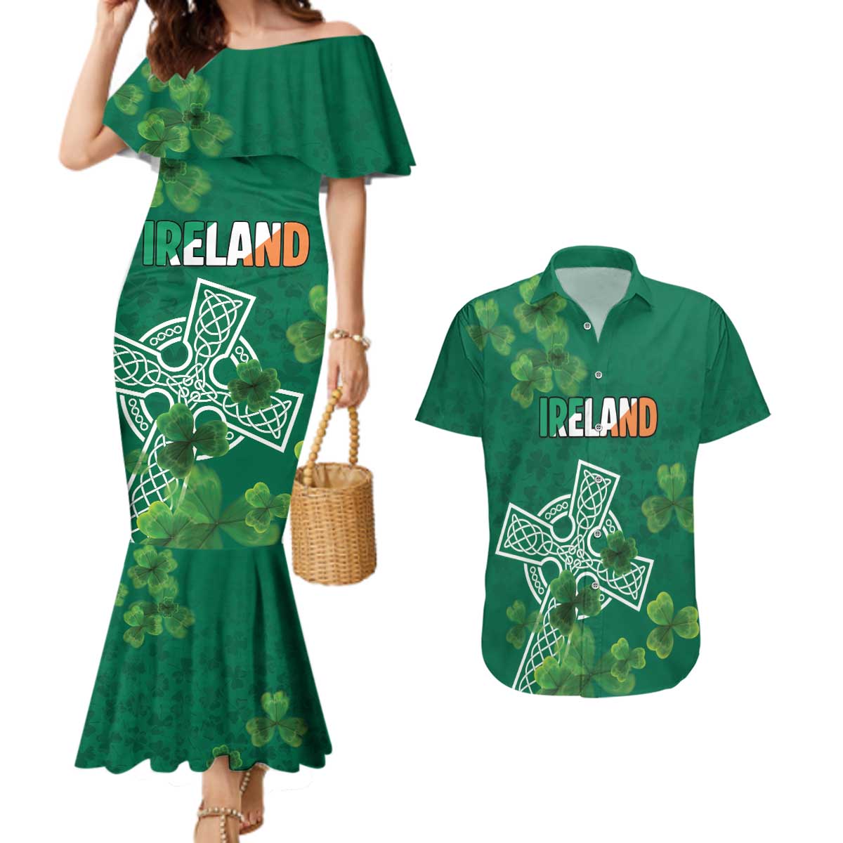 Ireland Cross Celtic Personalized Couples Matching Mermaid Dress and Hawaiian Shirt Irish Pride Shamrock - Wonder Print Shop