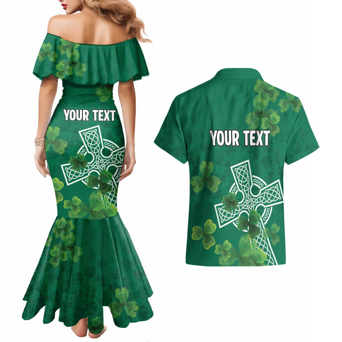 Ireland Cross Celtic Personalized Couples Matching Mermaid Dress and Hawaiian Shirt Irish Pride Shamrock - Wonder Print Shop