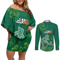 Ireland Cross Celtic Personalized Couples Matching Off Shoulder Short Dress and Long Sleeve Button Shirt Irish Pride Shamrock - Wonder Print Shop