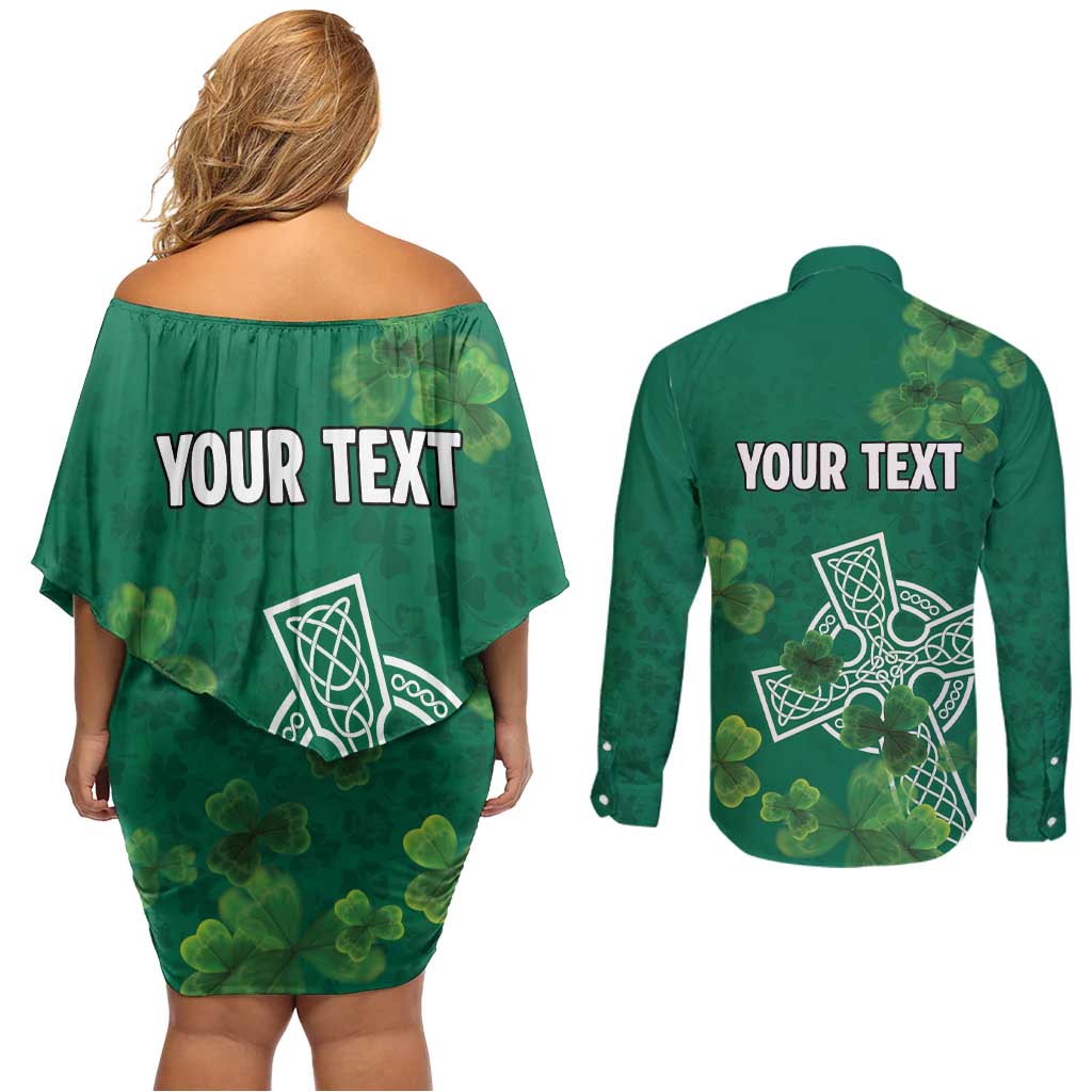 Ireland Cross Celtic Personalized Couples Matching Off Shoulder Short Dress and Long Sleeve Button Shirt Irish Pride Shamrock - Wonder Print Shop