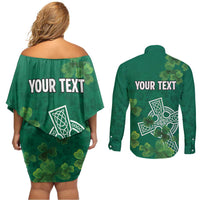Ireland Cross Celtic Personalized Couples Matching Off Shoulder Short Dress and Long Sleeve Button Shirt Irish Pride Shamrock - Wonder Print Shop