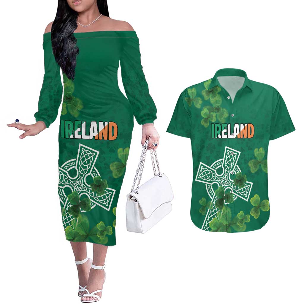 Ireland Cross Celtic Personalized Couples Matching Off The Shoulder Long Sleeve Dress and Hawaiian Shirt Irish Pride Shamrock - Wonder Print Shop