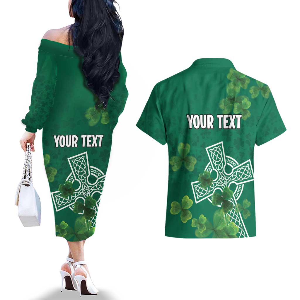 Ireland Cross Celtic Personalized Couples Matching Off The Shoulder Long Sleeve Dress and Hawaiian Shirt Irish Pride Shamrock - Wonder Print Shop
