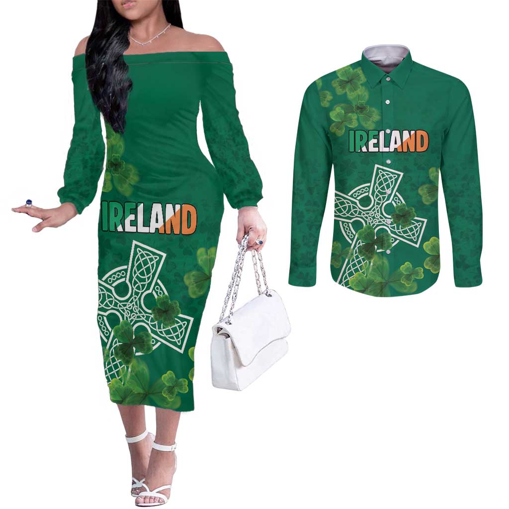 Ireland Cross Celtic Personalized Couples Matching Off The Shoulder Long Sleeve Dress and Long Sleeve Button Shirt Irish Pride Shamrock - Wonder Print Shop