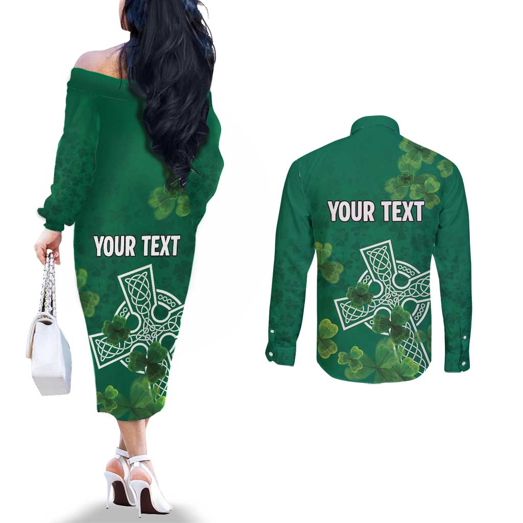 Ireland Cross Celtic Personalized Couples Matching Off The Shoulder Long Sleeve Dress and Long Sleeve Button Shirt Irish Pride Shamrock - Wonder Print Shop