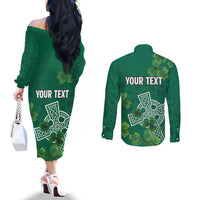 Ireland Cross Celtic Personalized Couples Matching Off The Shoulder Long Sleeve Dress and Long Sleeve Button Shirt Irish Pride Shamrock - Wonder Print Shop