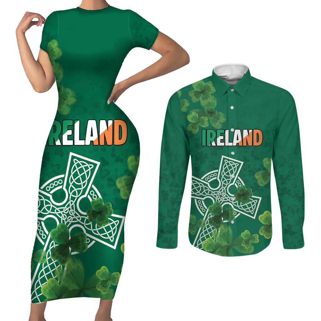 Ireland Cross Celtic Personalized Couples Matching Short Sleeve Bodycon Dress and Long Sleeve Button Shirt Irish Pride Shamrock - Wonder Print Shop