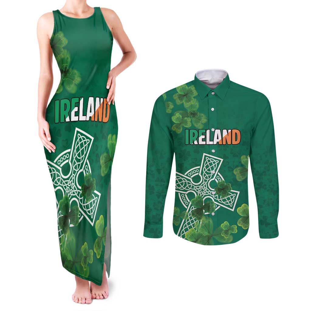 Ireland Cross Celtic Personalized Couples Matching Tank Maxi Dress and Long Sleeve Button Shirt Irish Pride Shamrock - Wonder Print Shop
