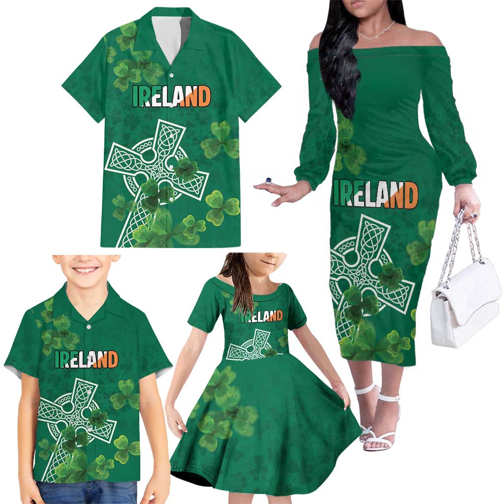 Ireland Cross Celtic Personalized Family Matching Off The Shoulder Long Sleeve Dress and Hawaiian Shirt Irish Pride Shamrock - Wonder Print Shop