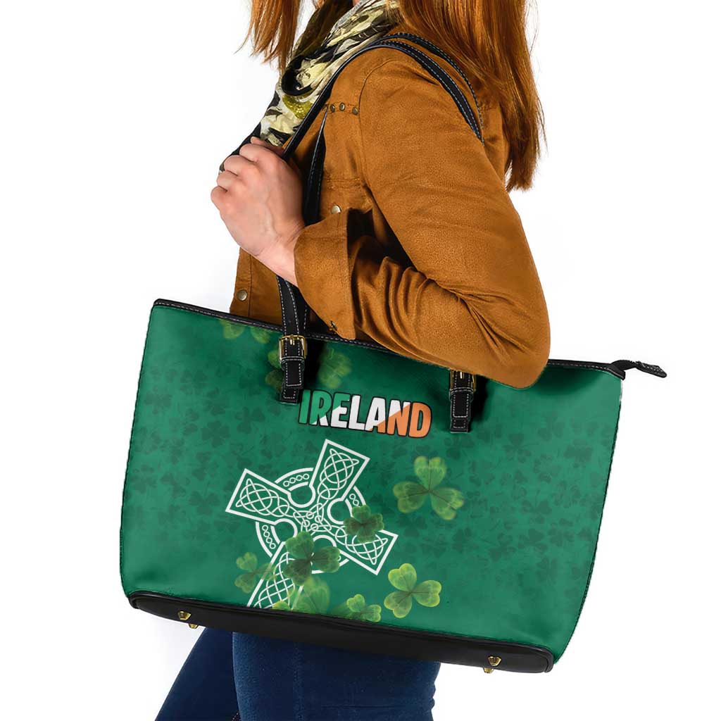 Ireland Cross Celtic Leather Tote Bag Irish Pride Shamrock - Wonder Print Shop