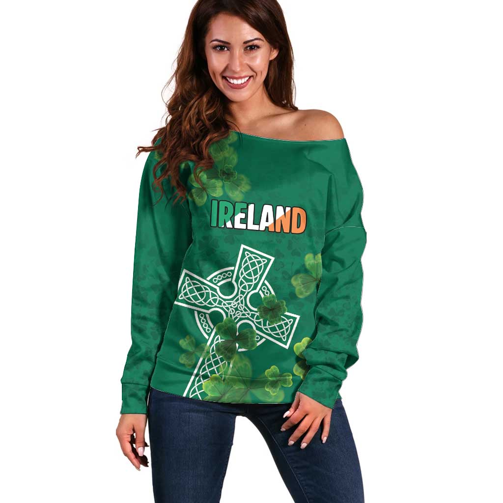 Ireland Cross Celtic Personalized Off Shoulder Sweater Irish Pride Shamrock - Wonder Print Shop