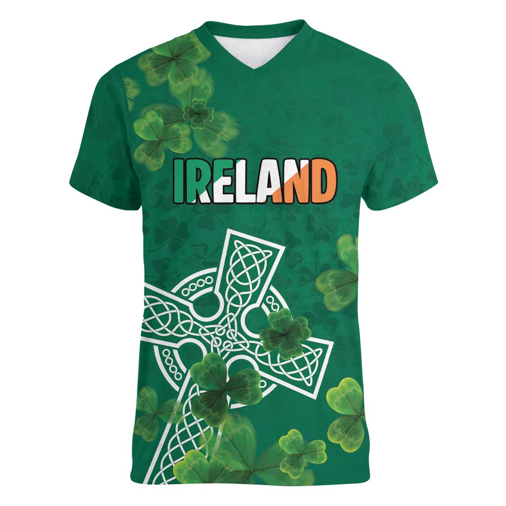 Ireland Cross Celtic Personalized Women V-Neck T-Shirt Irish Pride Shamrock - Wonder Print Shop