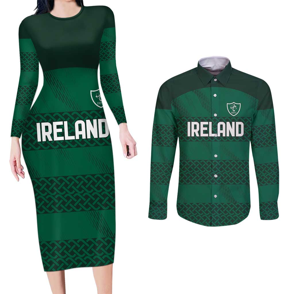 Custom Ireland Rugby Couples Matching Long Sleeve Bodycon Dress and Long Sleeve Button Shirt Celtic Heritage - Wonder Print Shop