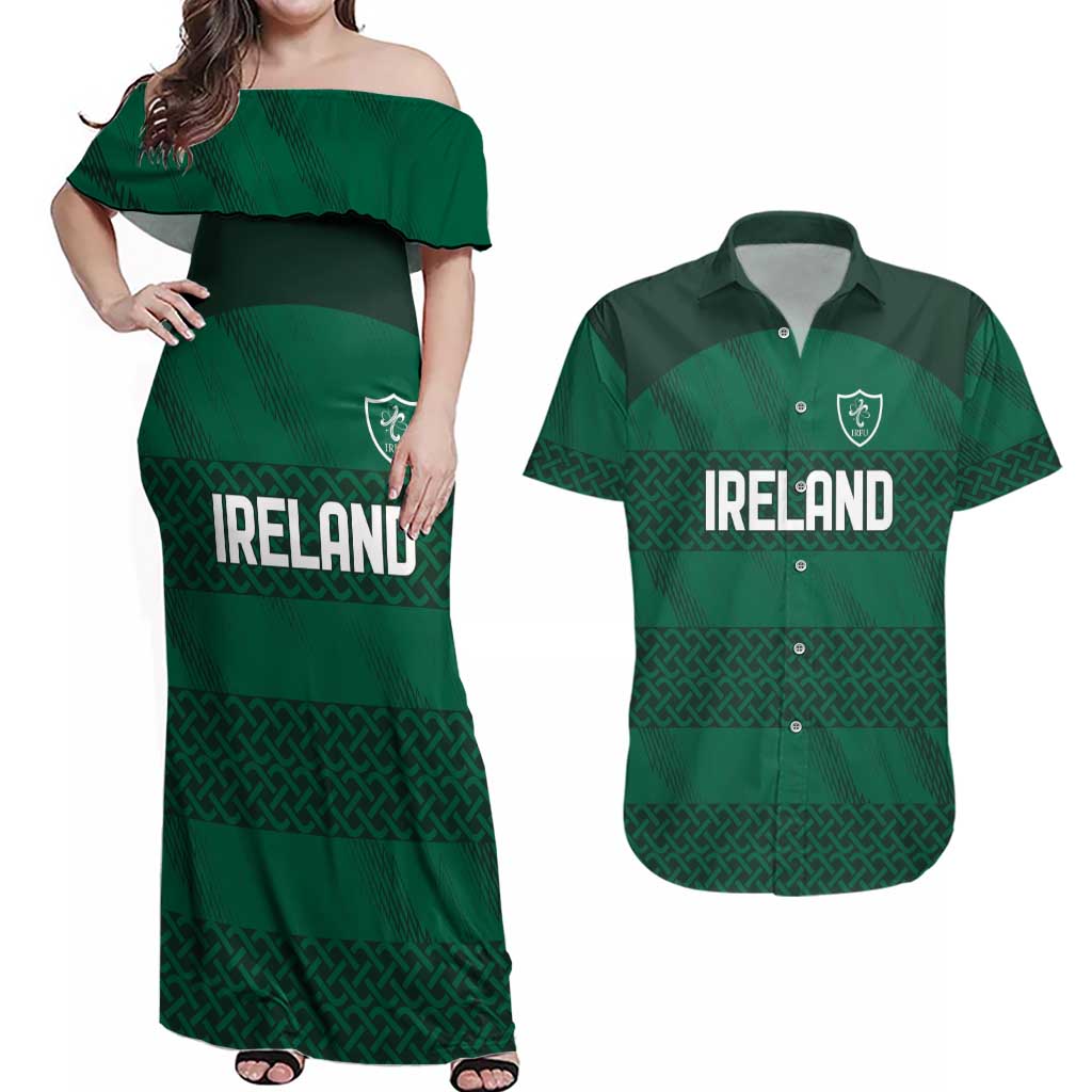 Custom Ireland Rugby Couples Matching Off Shoulder Maxi Dress and Hawaiian Shirt Celtic Heritage - Wonder Print Shop