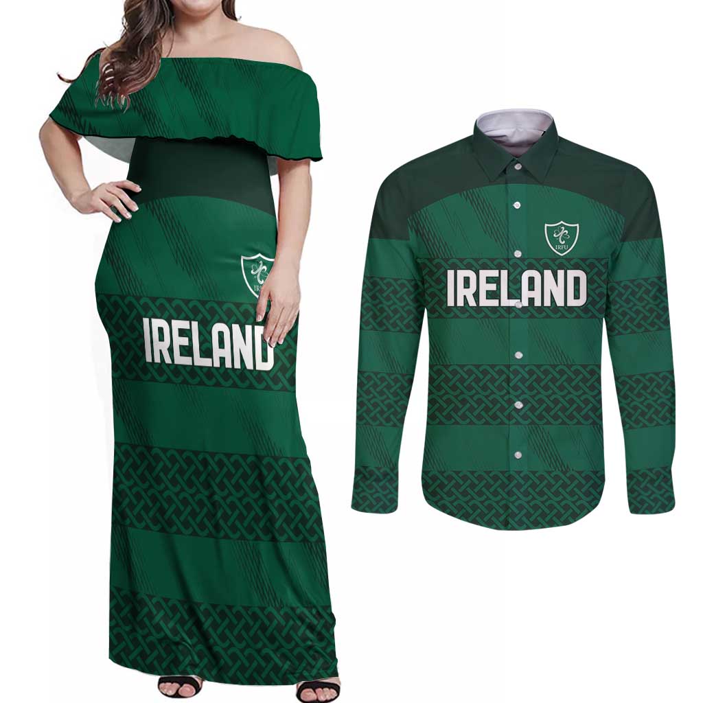 Custom Ireland Rugby Couples Matching Off Shoulder Maxi Dress and Long Sleeve Button Shirt Celtic Heritage - Wonder Print Shop