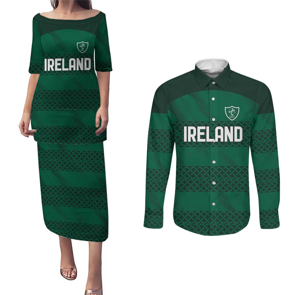 Custom Ireland Rugby Couples Matching Puletasi and Long Sleeve Button Shirt Celtic Heritage - Wonder Print Shop