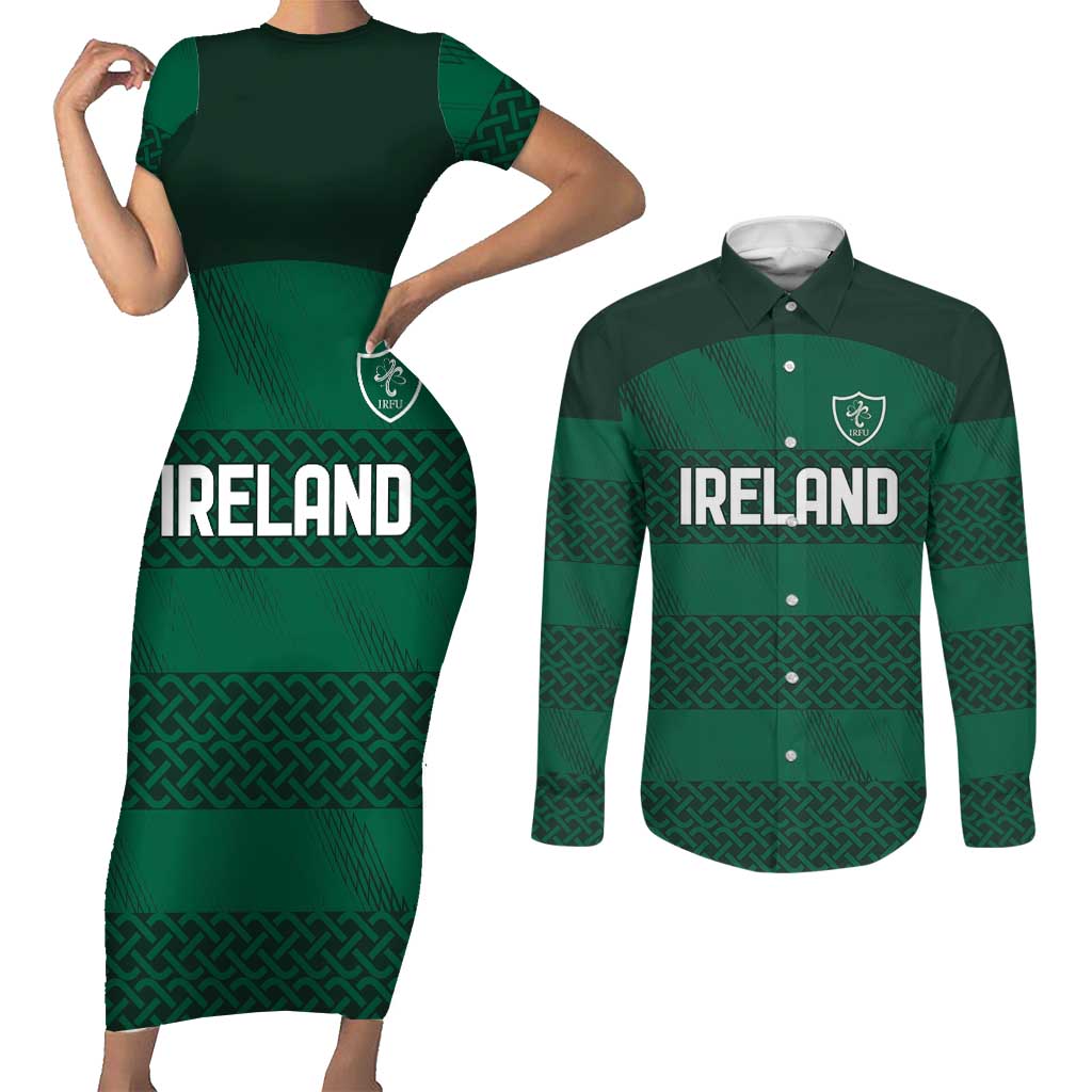 Custom Ireland Rugby Couples Matching Short Sleeve Bodycon Dress and Long Sleeve Button Shirt Celtic Heritage - Wonder Print Shop