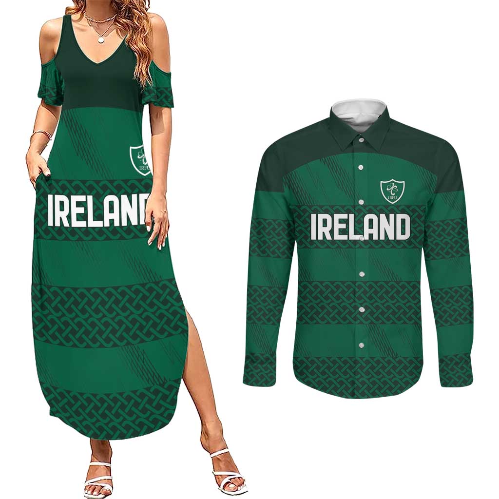 Custom Ireland Rugby Couples Matching Summer Maxi Dress and Long Sleeve Button Shirt Celtic Heritage - Wonder Print Shop