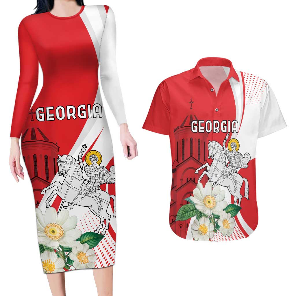 Personalized Georgia Independence Restoration Day Couples Matching Long Sleeve Bodycon Dress and Hawaiian Shirt Dzala Ertobashia Rosa Laevigata