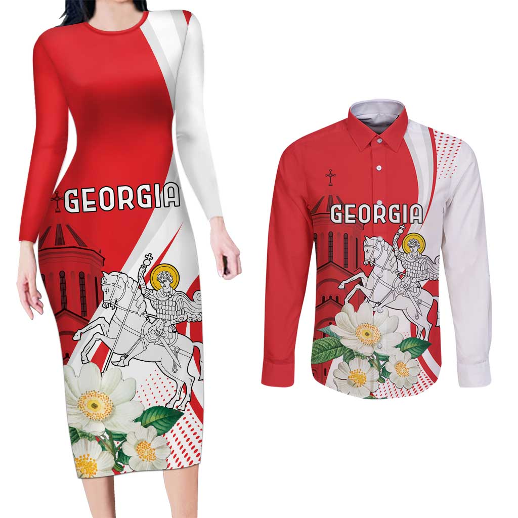 Personalized Georgia Independence Restoration Day Couples Matching Long Sleeve Bodycon Dress and Long Sleeve Button Shirt Dzala Ertobashia Rosa Laevigata