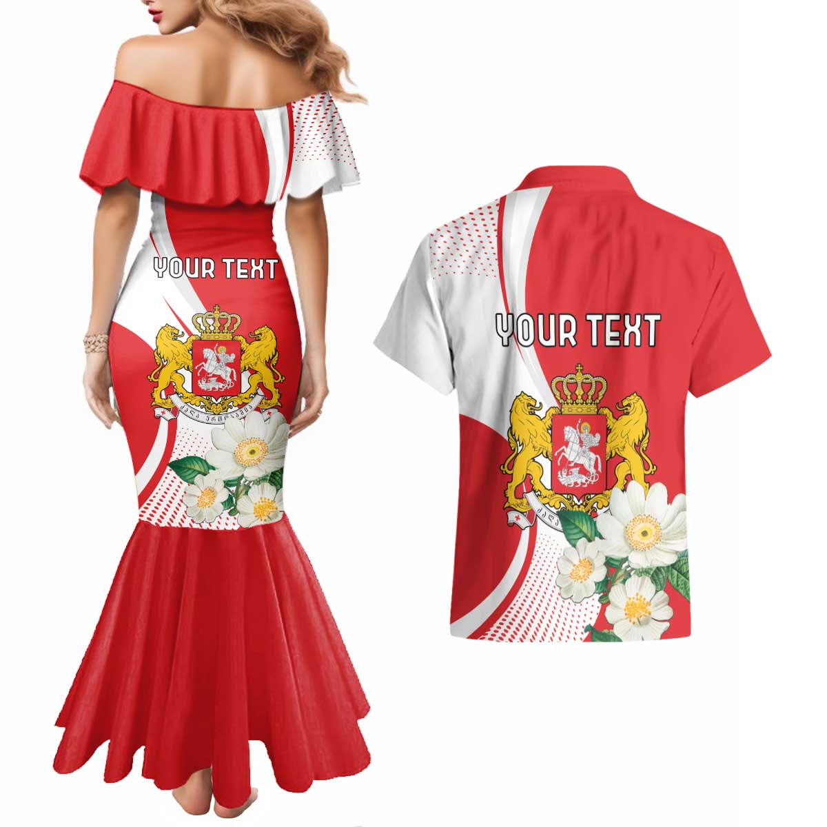 Personalized Georgia Independence Restoration Day Couples Matching Mermaid Dress and Hawaiian Shirt Dzala Ertobashia Rosa Laevigata