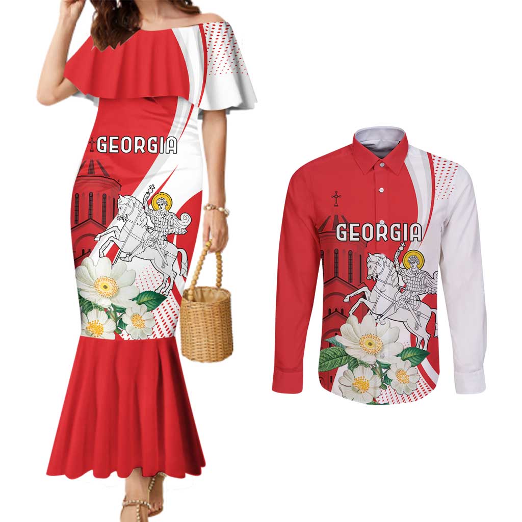 Personalized Georgia Independence Restoration Day Couples Matching Mermaid Dress and Long Sleeve Button Shirt Dzala Ertobashia Rosa Laevigata