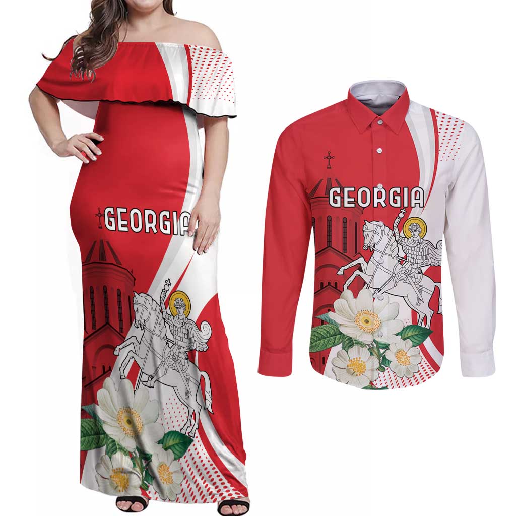 Personalized Georgia Independence Restoration Day Couples Matching Off Shoulder Maxi Dress and Long Sleeve Button Shirt Dzala Ertobashia Rosa Laevigata