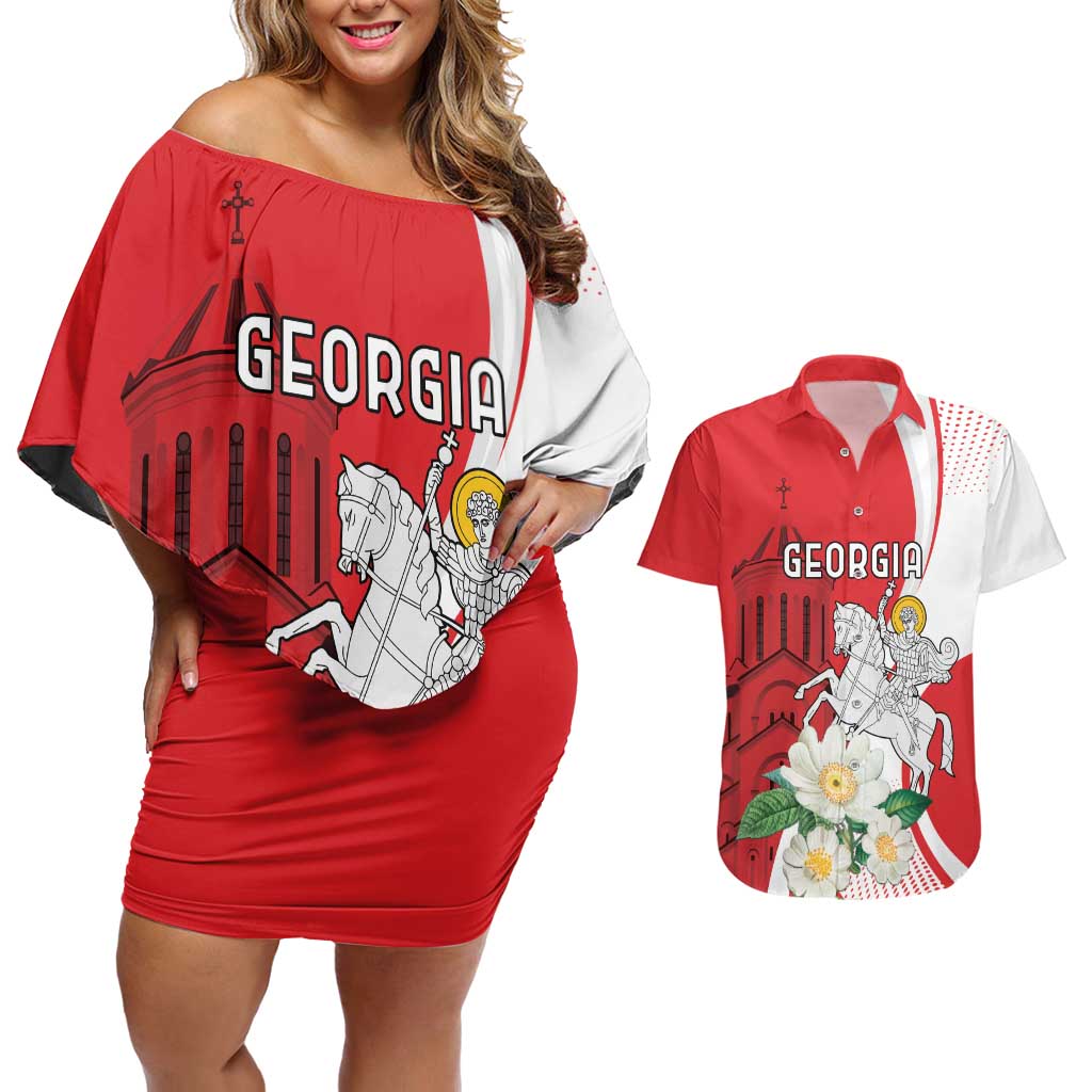 Personalized Georgia Independence Restoration Day Couples Matching Off Shoulder Short Dress and Hawaiian Shirt Dzala Ertobashia Rosa Laevigata