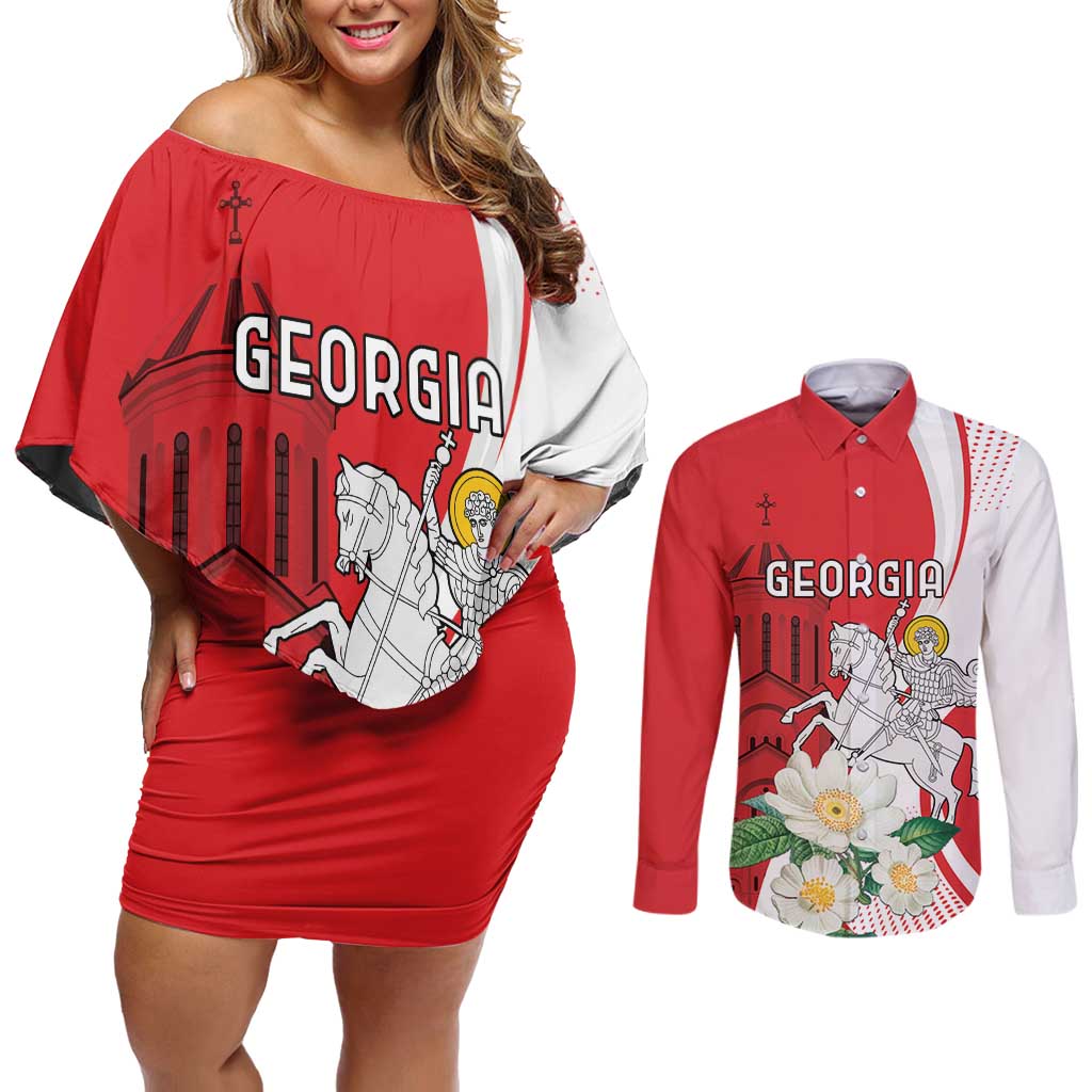 Personalized Georgia Independence Restoration Day Couples Matching Off Shoulder Short Dress and Long Sleeve Button Shirt Dzala Ertobashia Rosa Laevigata