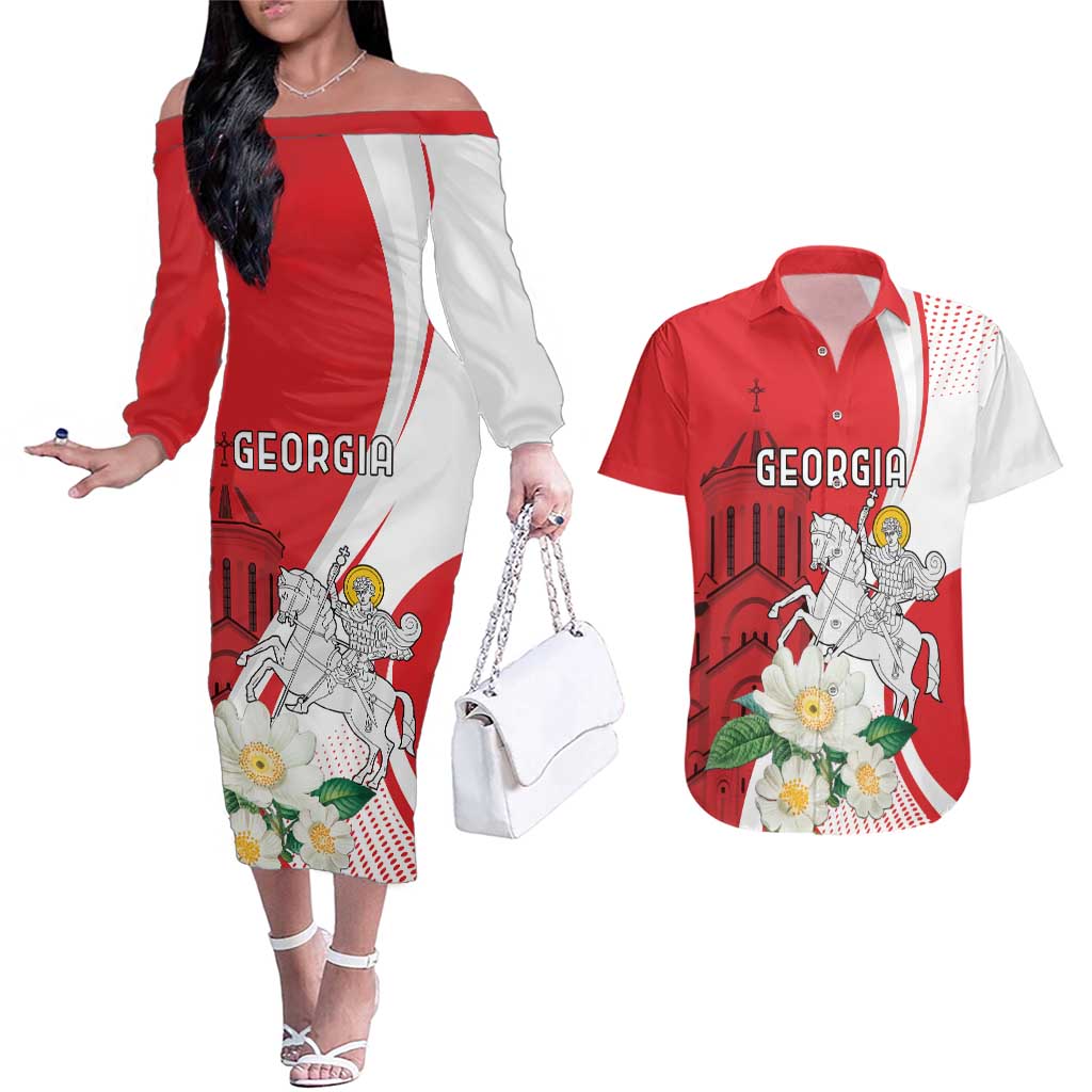 Personalized Georgia Independence Restoration Day Couples Matching Off The Shoulder Long Sleeve Dress and Hawaiian Shirt Dzala Ertobashia Rosa Laevigata