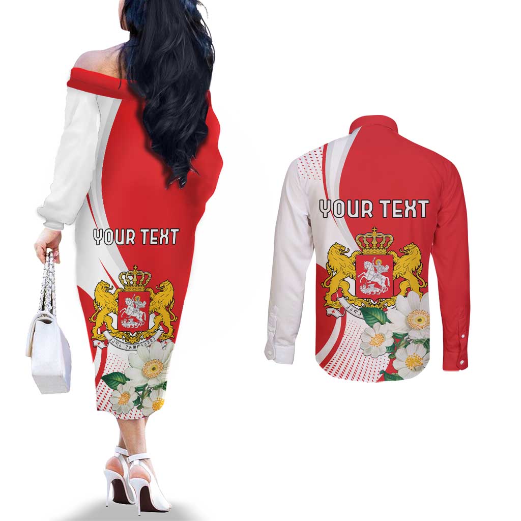 Personalized Georgia Independence Restoration Day Couples Matching Off The Shoulder Long Sleeve Dress and Long Sleeve Button Shirt Dzala Ertobashia Rosa Laevigata