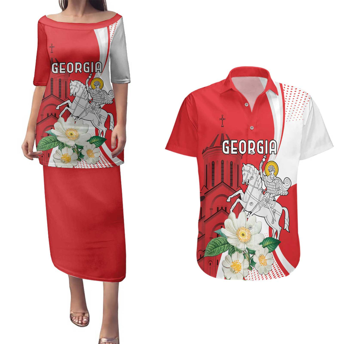 Personalized Georgia Independence Restoration Day Couples Matching Puletasi and Hawaiian Shirt Dzala Ertobashia Rosa Laevigata