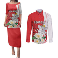 Personalized Georgia Independence Restoration Day Couples Matching Puletasi and Long Sleeve Button Shirt Dzala Ertobashia Rosa Laevigata